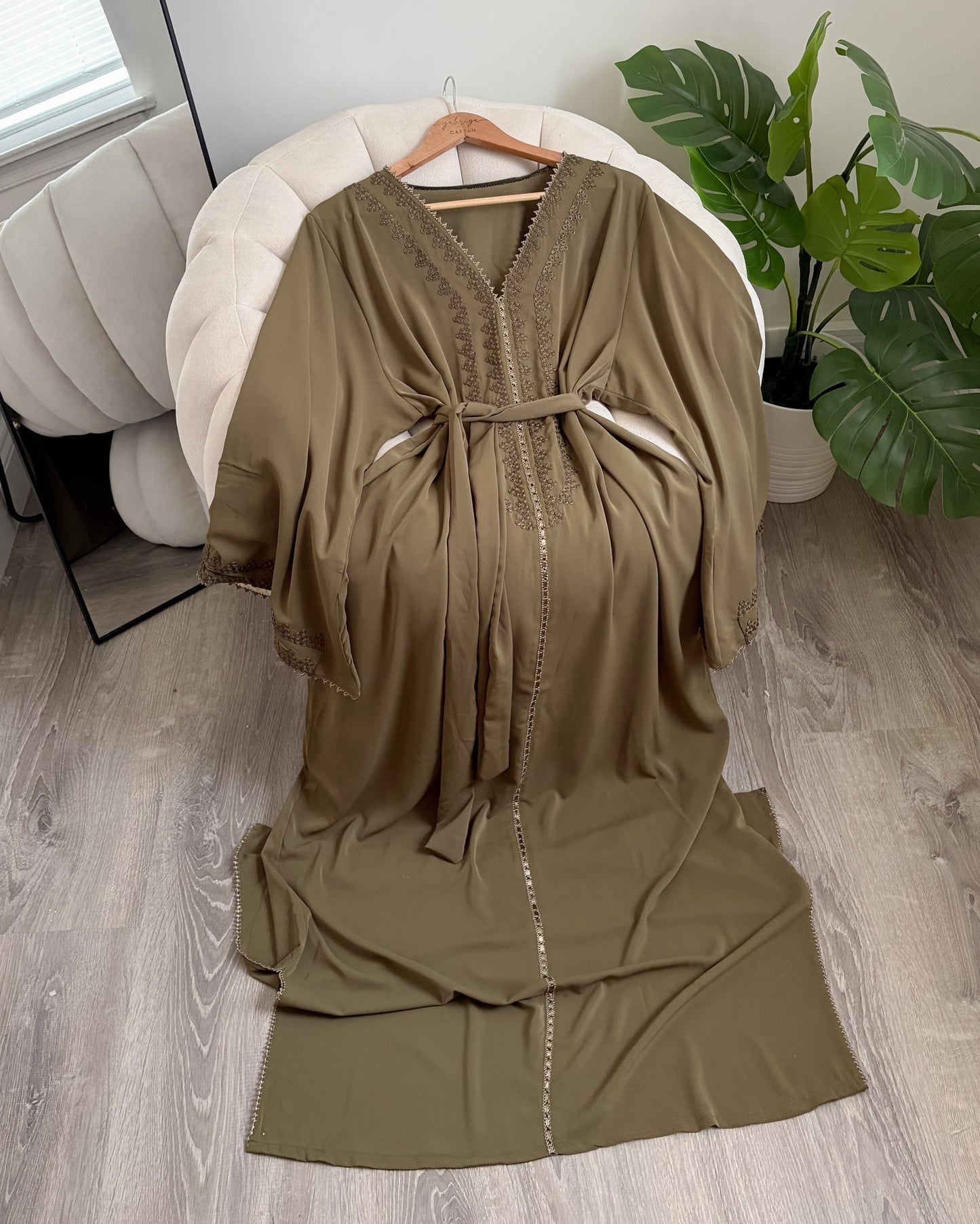 Color Block Crepe Caftan - Olive Green & Cream