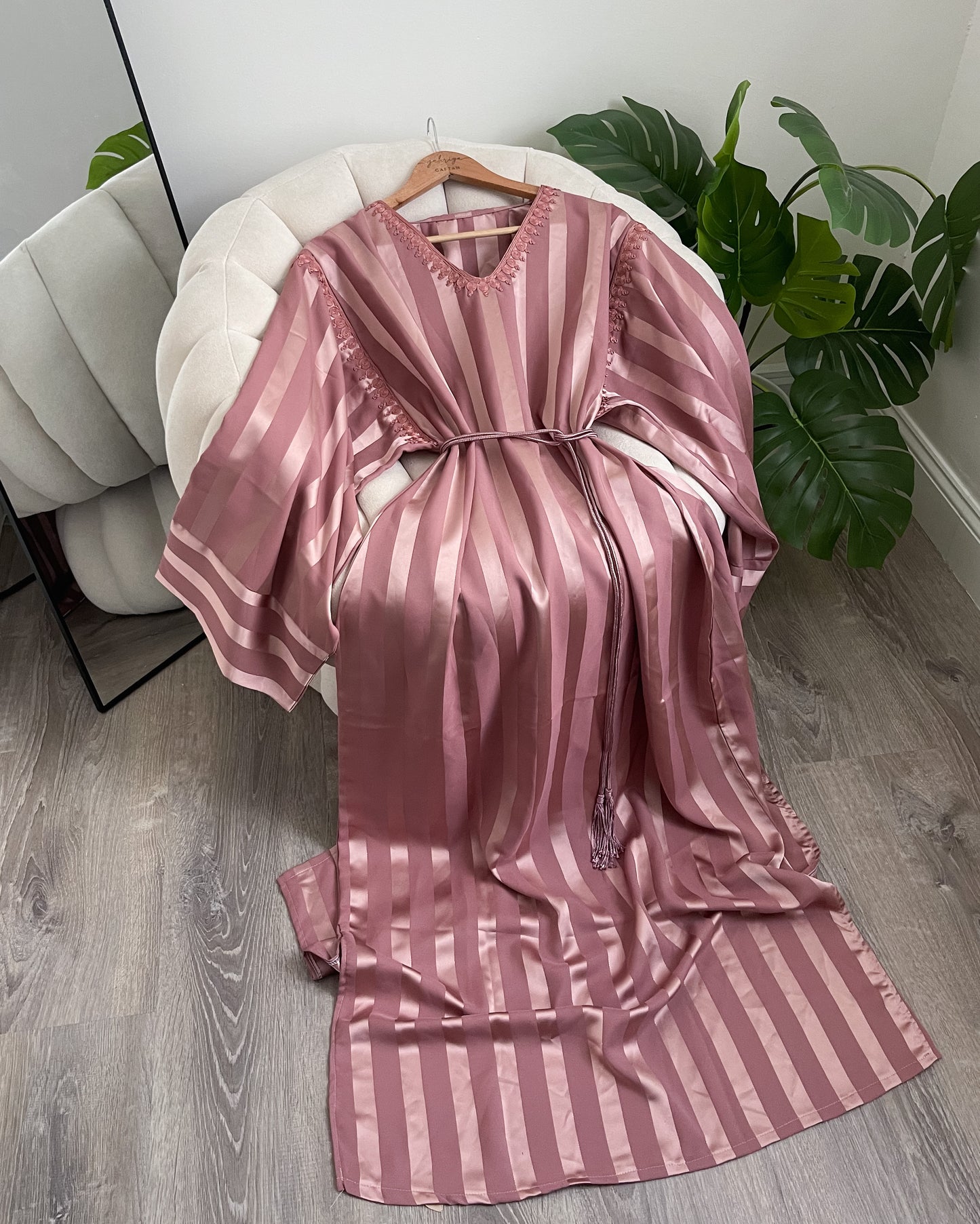Metallic Stripe Dress With Embroidery - Pink