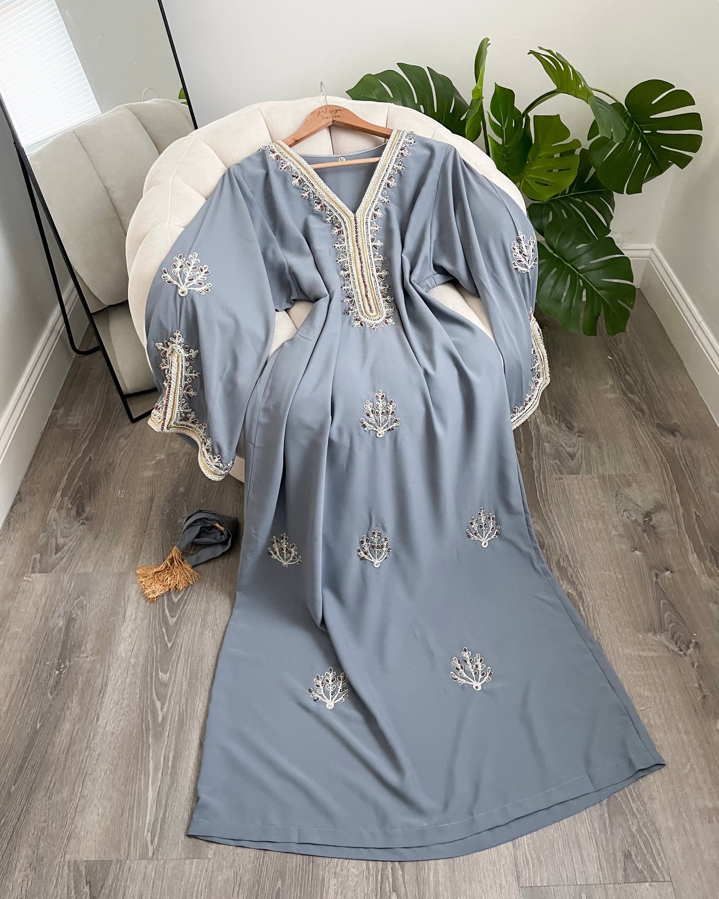 Beaded Crepe Dress With Belt - Blue