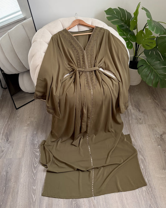 Color Block Crepe Caftan - Olive Green & Cream