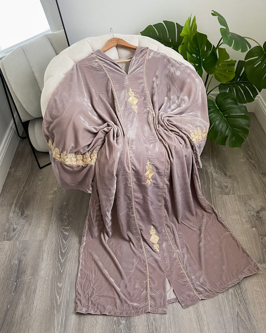 Velvet Wide Sleeve Hooded Jellaba - Taupe