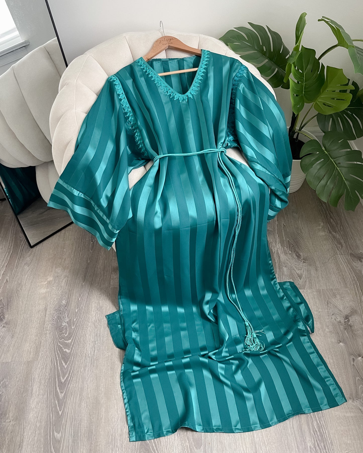 Metallic Stripe Dress With Embroidery - Teal
