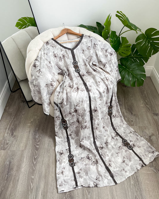 Watercolor Print Beaded Side Tie Dress  - Grey