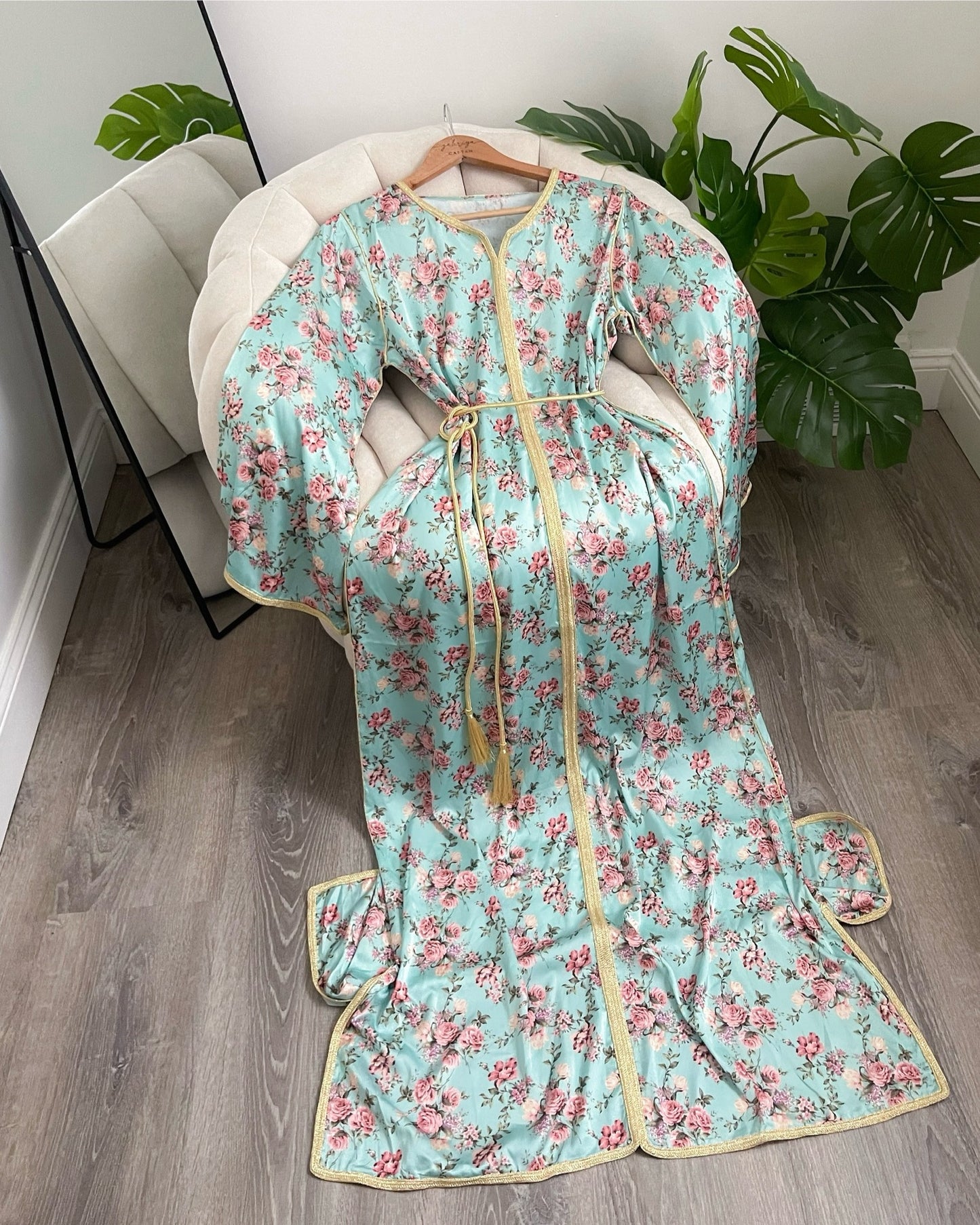 Satin Caftan Blue Floral With Belt