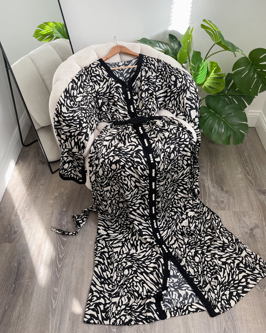 Satin Caftan With Braided Belt - Black & Cream Print