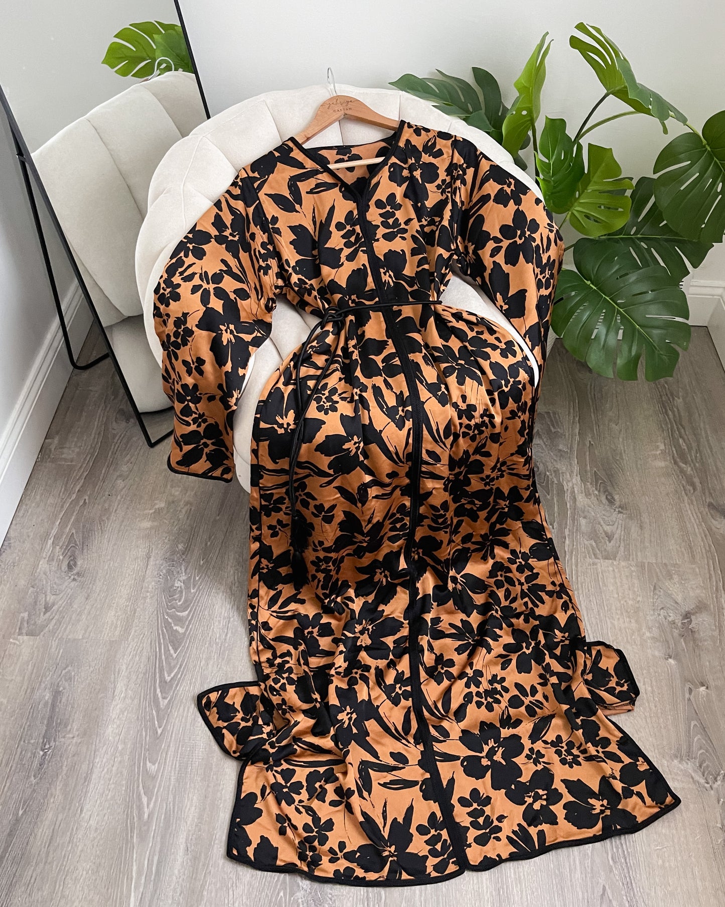 Satin Caftan Burnt Orange Floral With Belt