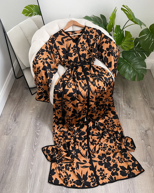 Satin Caftan Burnt Orange Floral With Belt