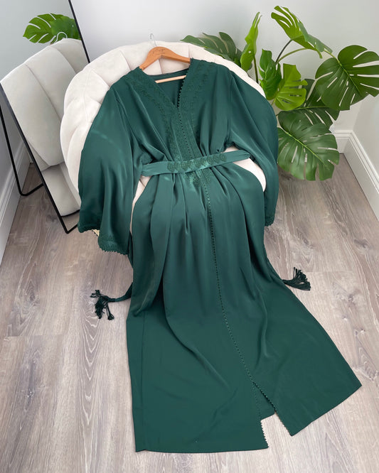 Color Block Crepe Caftan - Dark Green & Beige