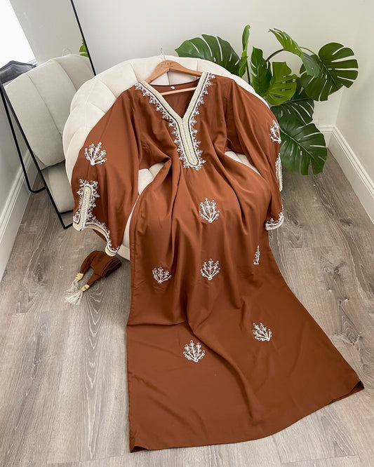 Beaded Crepe Dress With Belt - Caramel