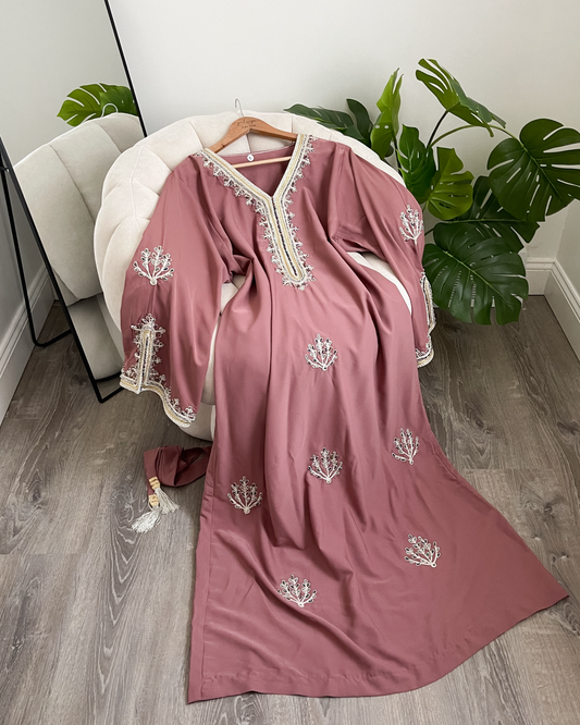 Beaded Crepe Dress With Belt - Pink