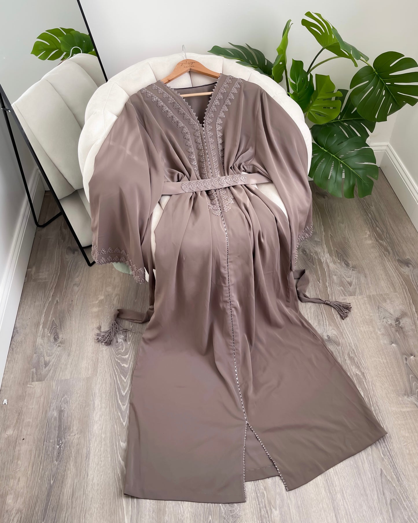Color Block Crepe Caftan - Light Brown & Sage