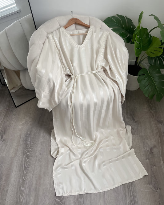 Metallic Stripe Dress With Embroidery - White