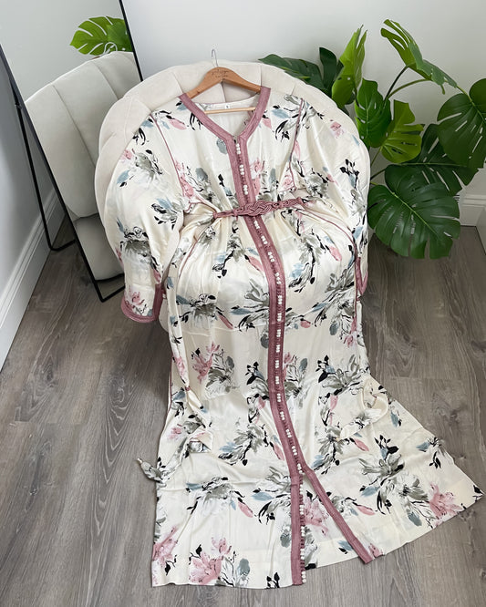 Satin Caftan With Braided Belt - Cream & Pink Floral